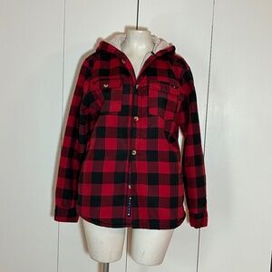 Lucky Brand Red and Black Plaid Jacket/Shacket Women Size XL with Hood